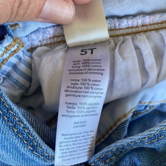 OshKosh B’Gosh Striped Denim Overall Jumper 5T Eyelet Lace Pink Flowers GUC - Picture 9 of 9